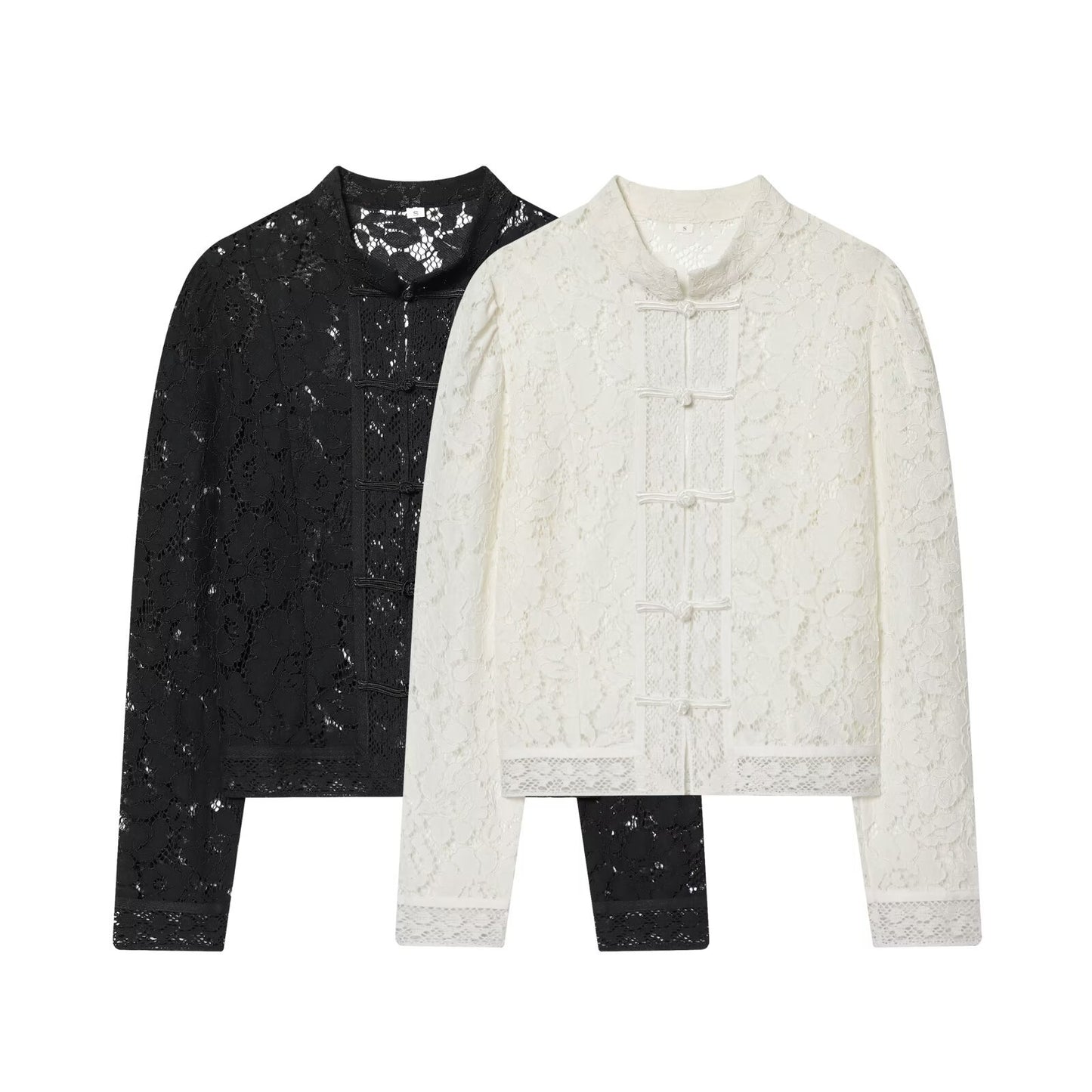 Buckle waist cinching lace crochet stand up collar shirt