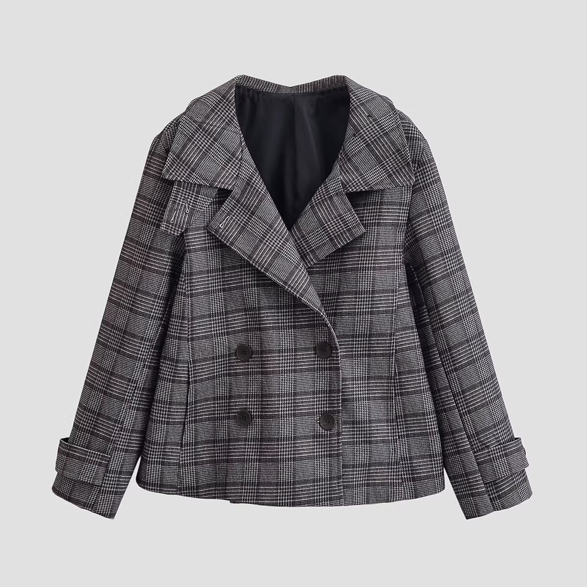 Commuter style minimalist plaid double breasted jacket