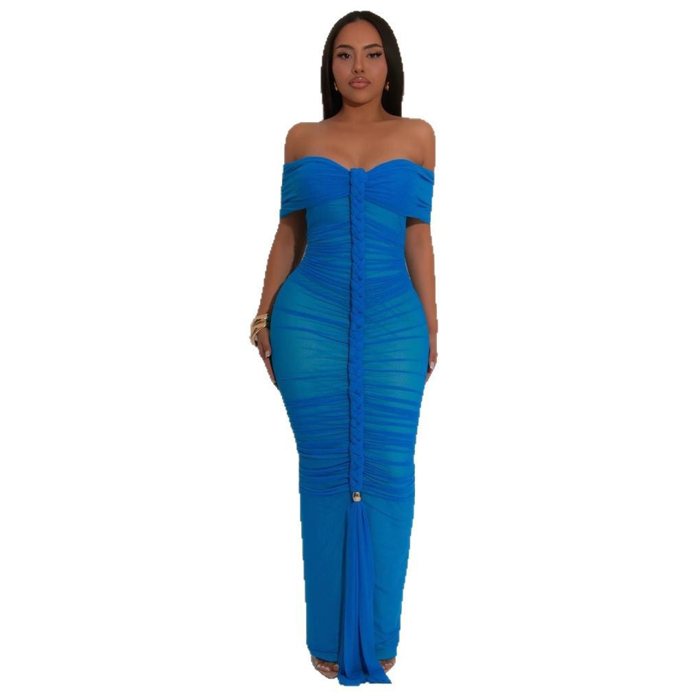 Dress Style Sheer Mesh Sleeveless Ruched Extra Long Dress