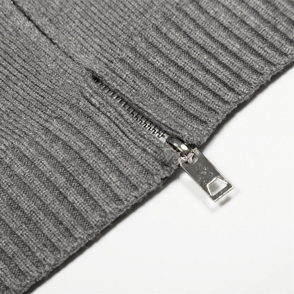 Solid color stand up collar knitted sweater jacket