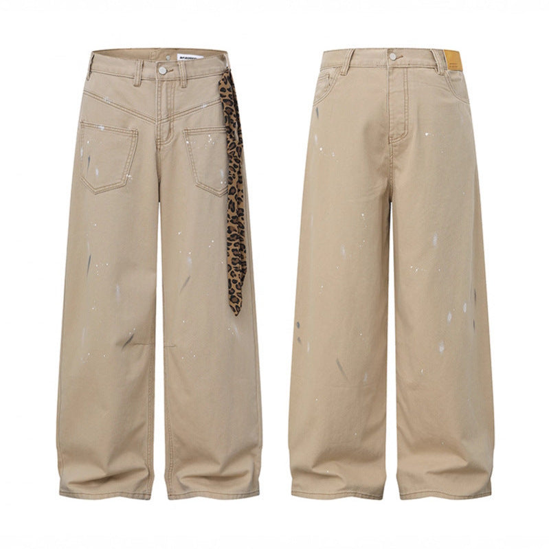 Leopard Print Tie-Up Deconstructed Wide-Leg Pants Loose Cargo Straight Leg