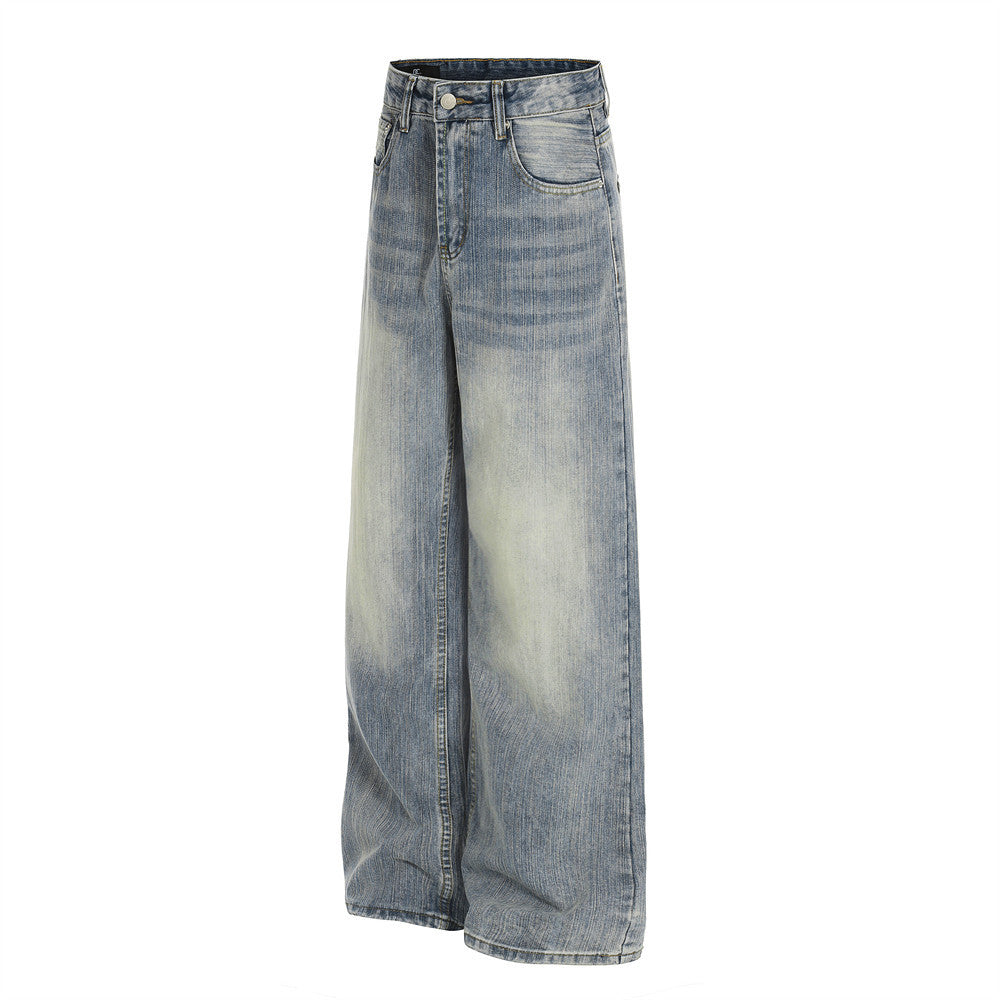 Washed and ground white denim straight leg pants
