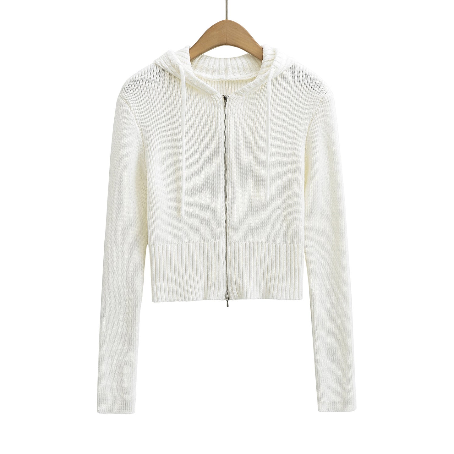 Drawstring hooded double zipper long sleeved sweater