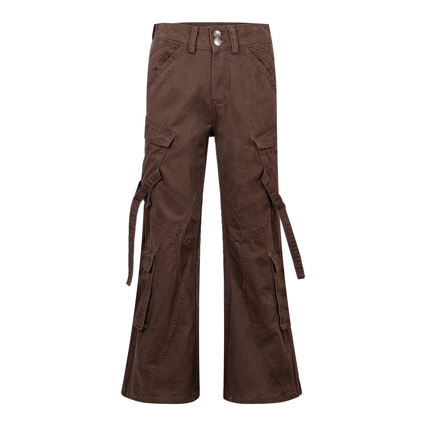 Style High-End Belted Large Pocket Cargo Flared Trousers for Men, Vintage Streetwear Loose Straight Casual Long Pants