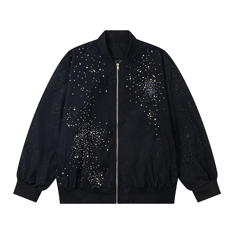 Jacket Streetwear Pearl Beading Zipper Stand-up Collar Oversized Baseball Jacket