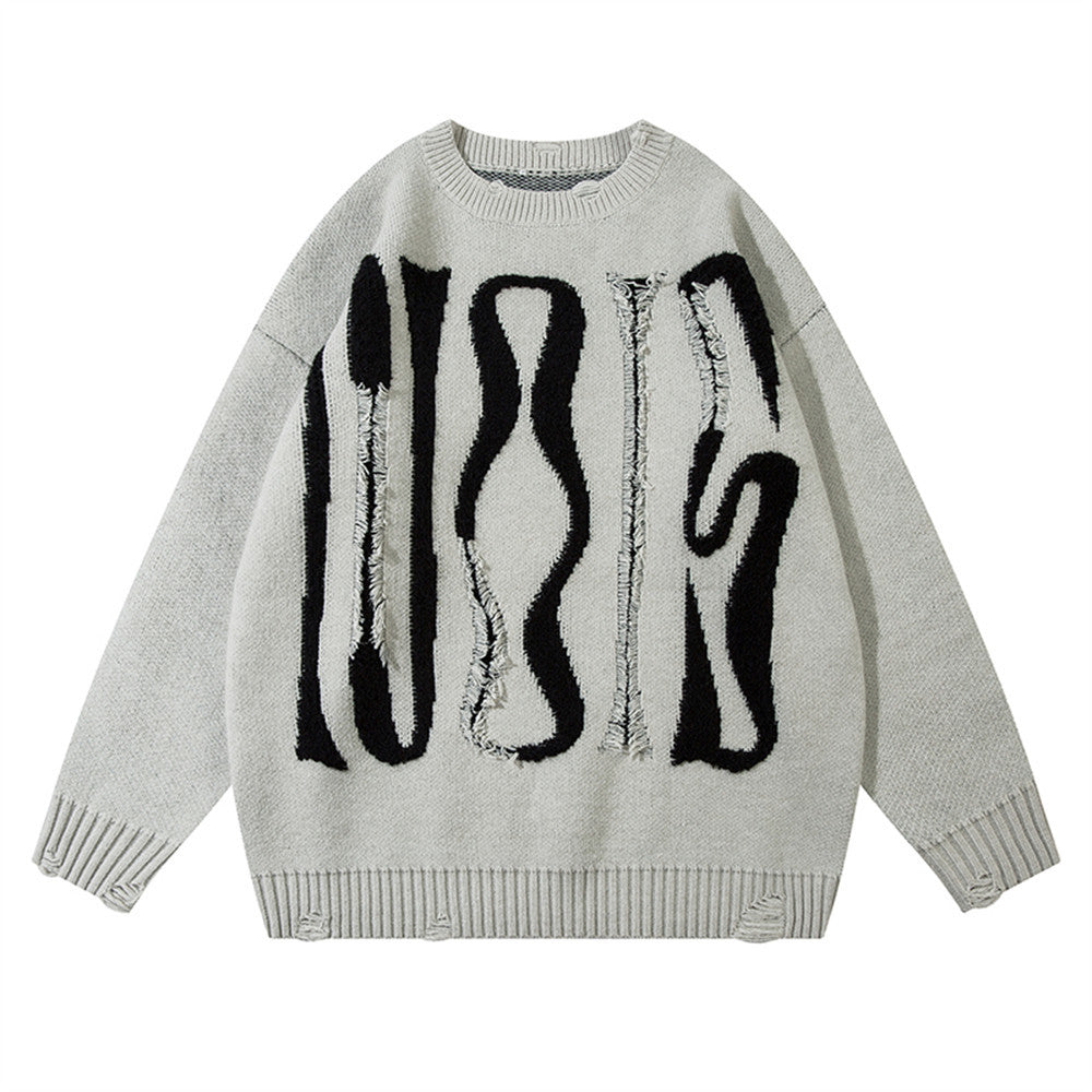 Graffiti letter jacquard round neck sweater