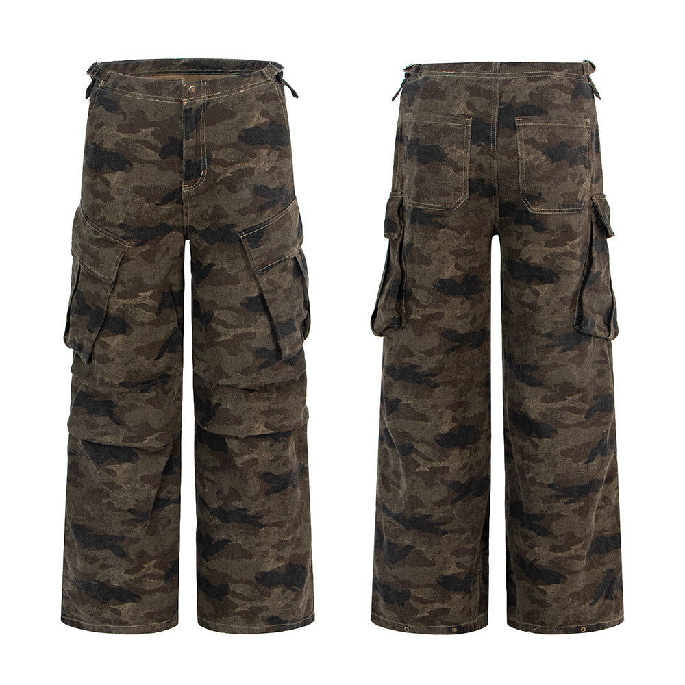 Style Multi-Pocket Pleated Camouflage Pants for Women, Loose Fit, Slimming Cargo Pants