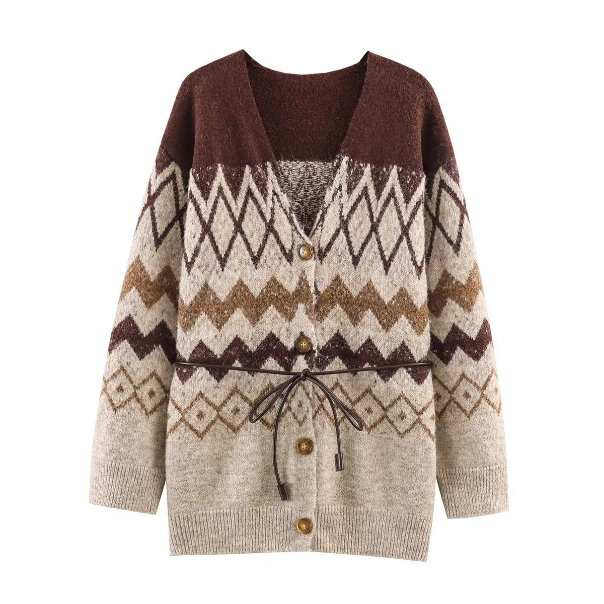 Vintage style V-neck jacquard knit jacket with waistband