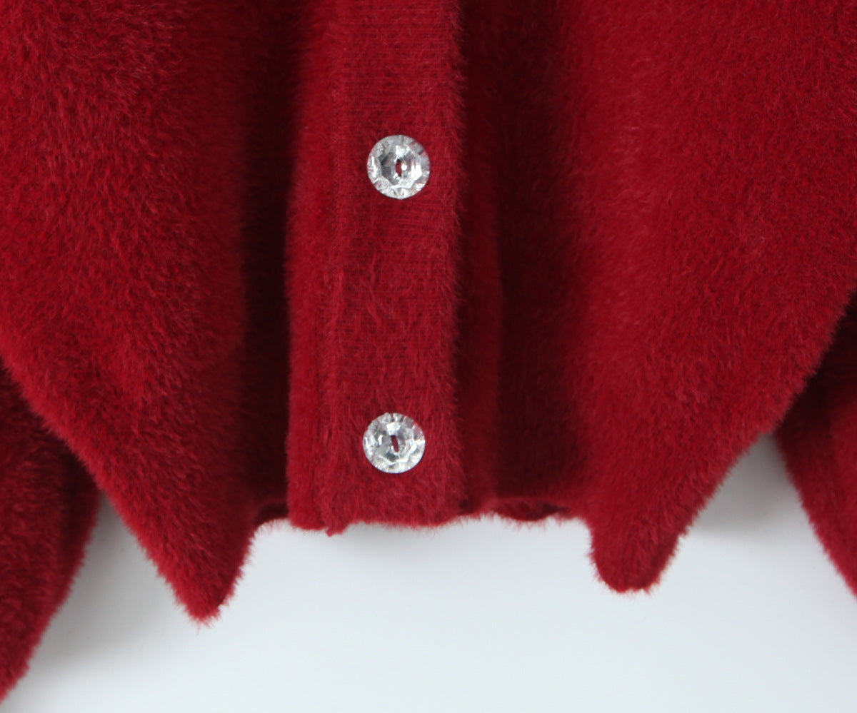 V-neck lantern sleeve cardigan sweater