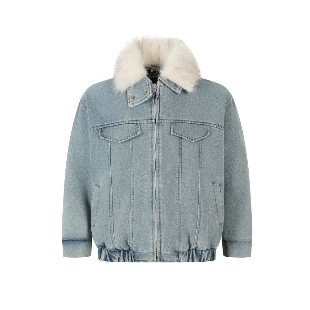 Detachable fur collar denim jacket