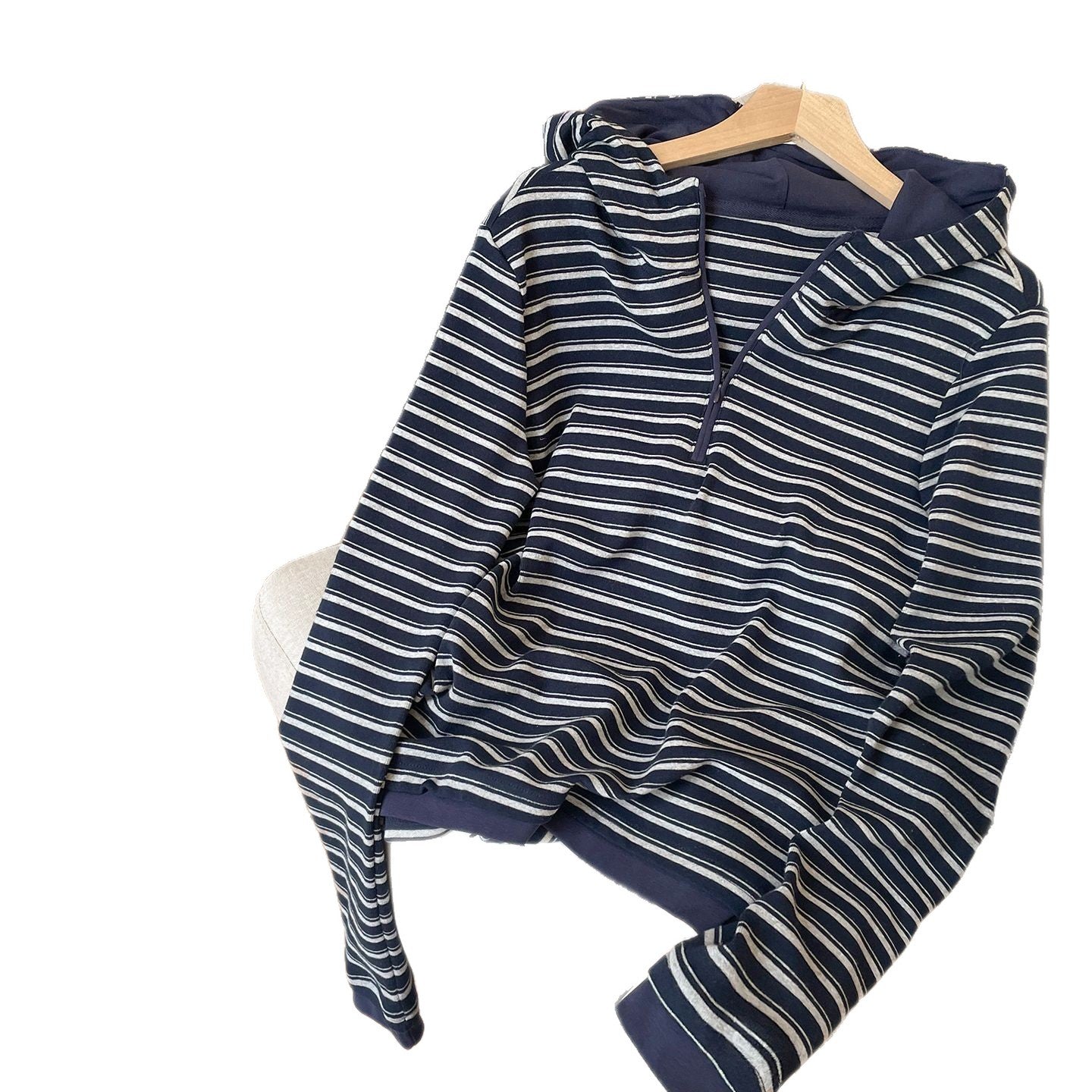 Stripe Hooded Sweatshirt Women Casual Regular Shoulder Half-Zip Pullover Long Sleeve Top