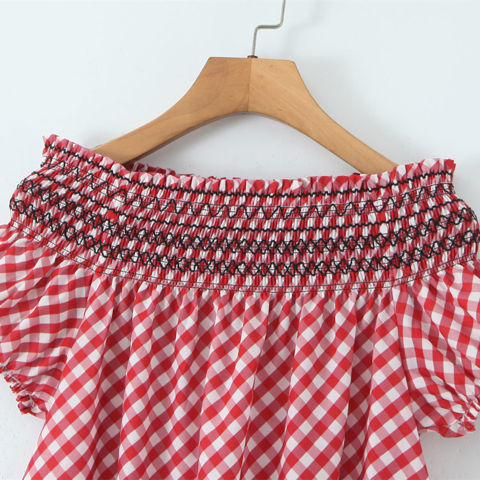 Fashion Sexy One-Shoulder Red Plaid Pleated Design Dress for Women