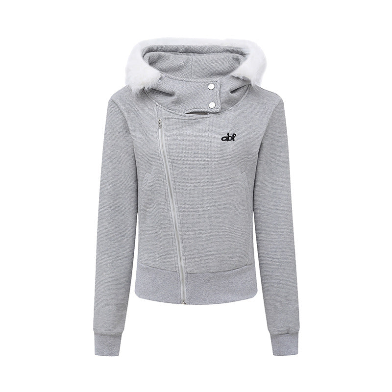 Collar Hooded Double-Zipper Coat for Women Fitted Slim Fit Short Outerwear