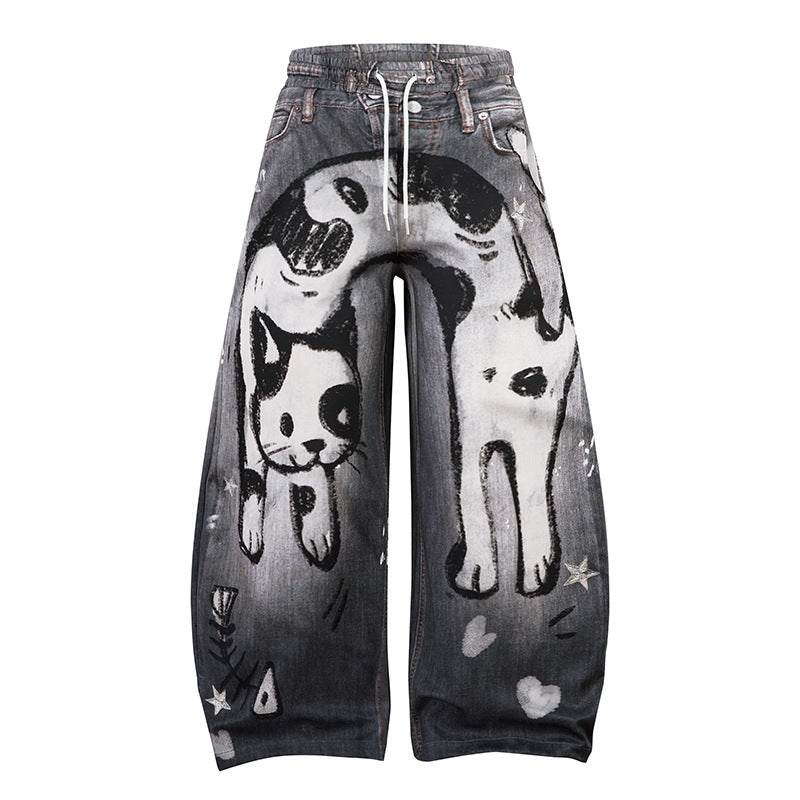 Hand-Painted Cow Cat Wide-Leg Jeans Women Loose Straight Leg Floor-Length Pants