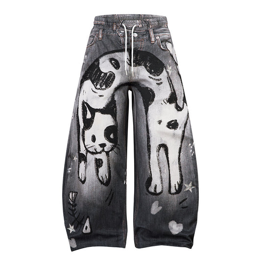 Hand-Painted Cow Cat Wide-Leg Jeans Women Loose Straight Leg Floor-Length Pants