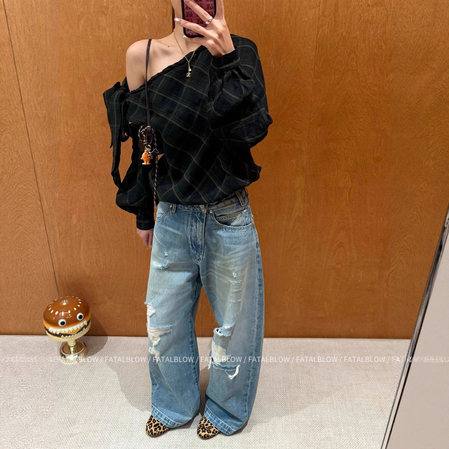 Vintage Plaid Off-Shoulder Long Sleeve Shirt for Women