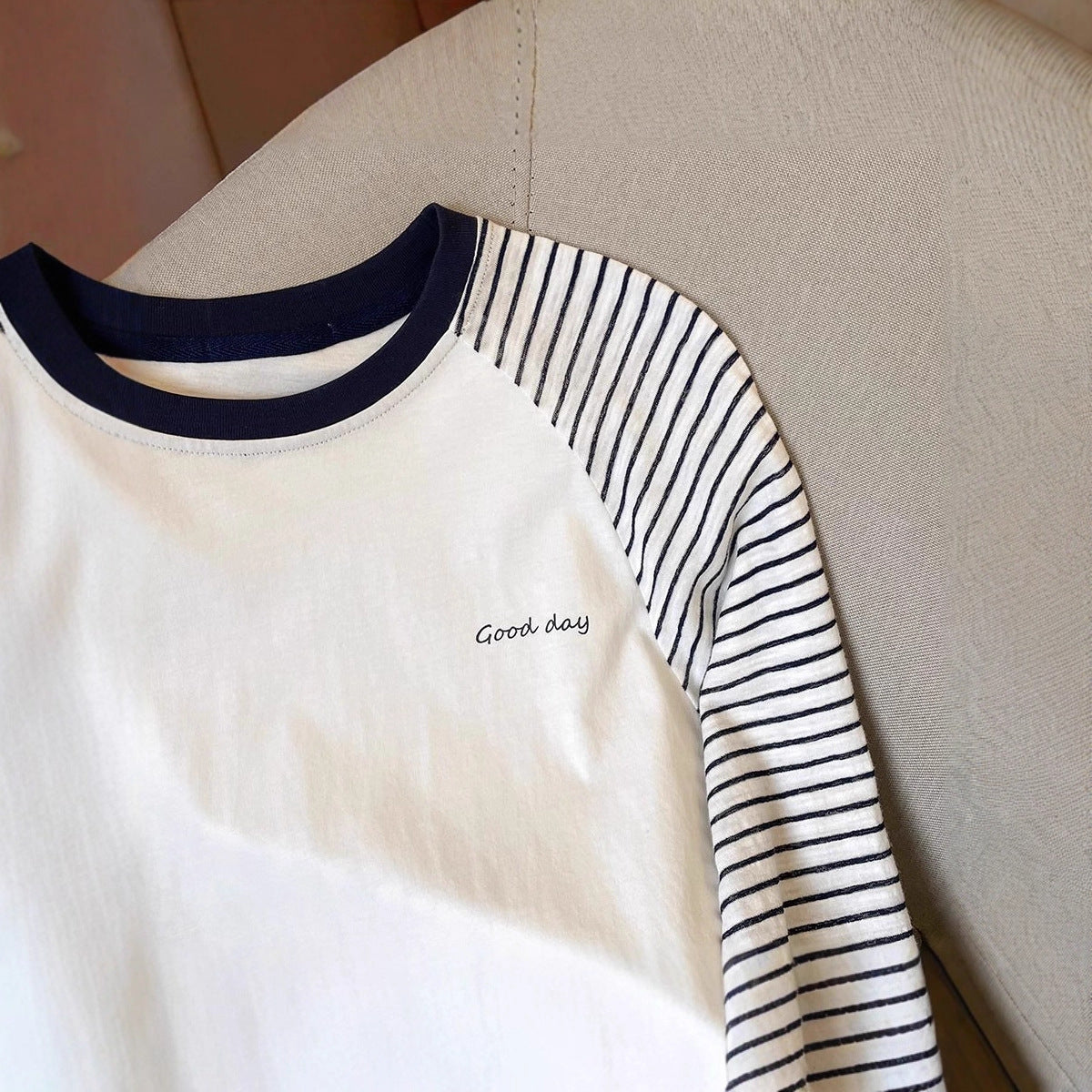 Blue and White Color-block Striped Long Sleeve T-shirt Women