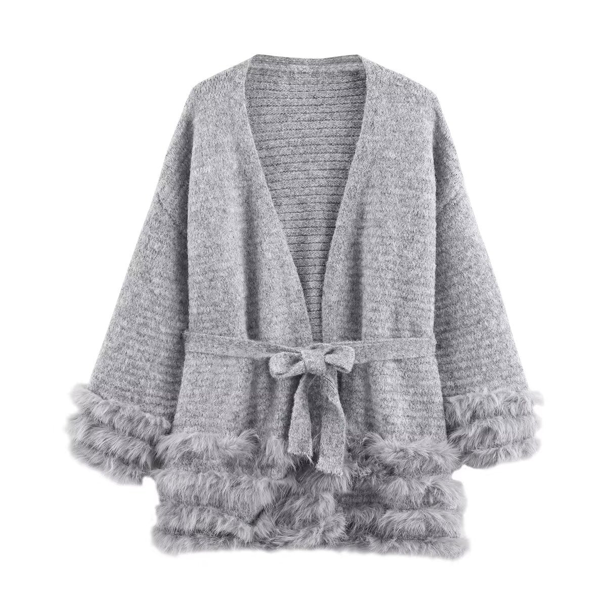 Style New Women's Fashionable Knitted Cardigan with Belt and Faux Fur Trim