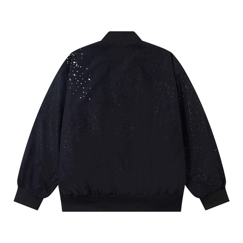 Jacket Streetwear  Pearl Beading  Zipper  Stand-up Collar  Oversized  Baseball Jacket