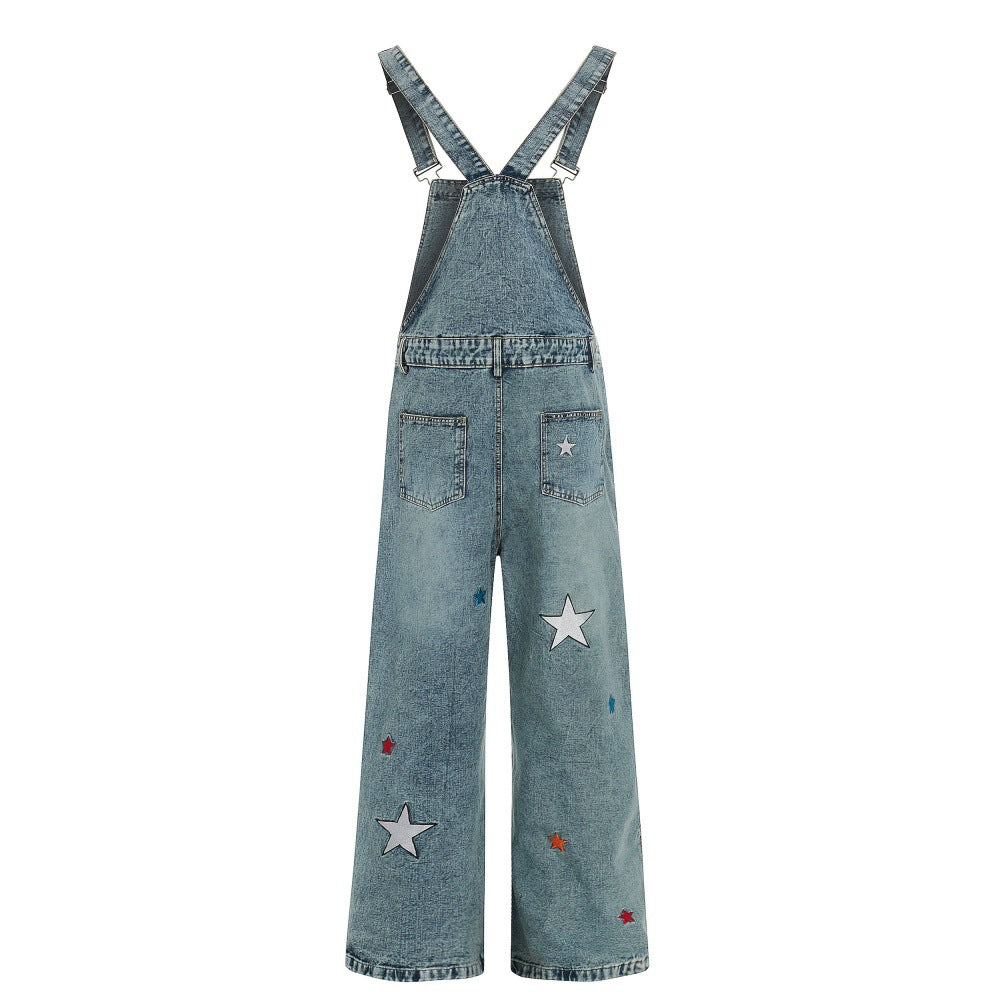 Five pointed star embroidered suspender pants