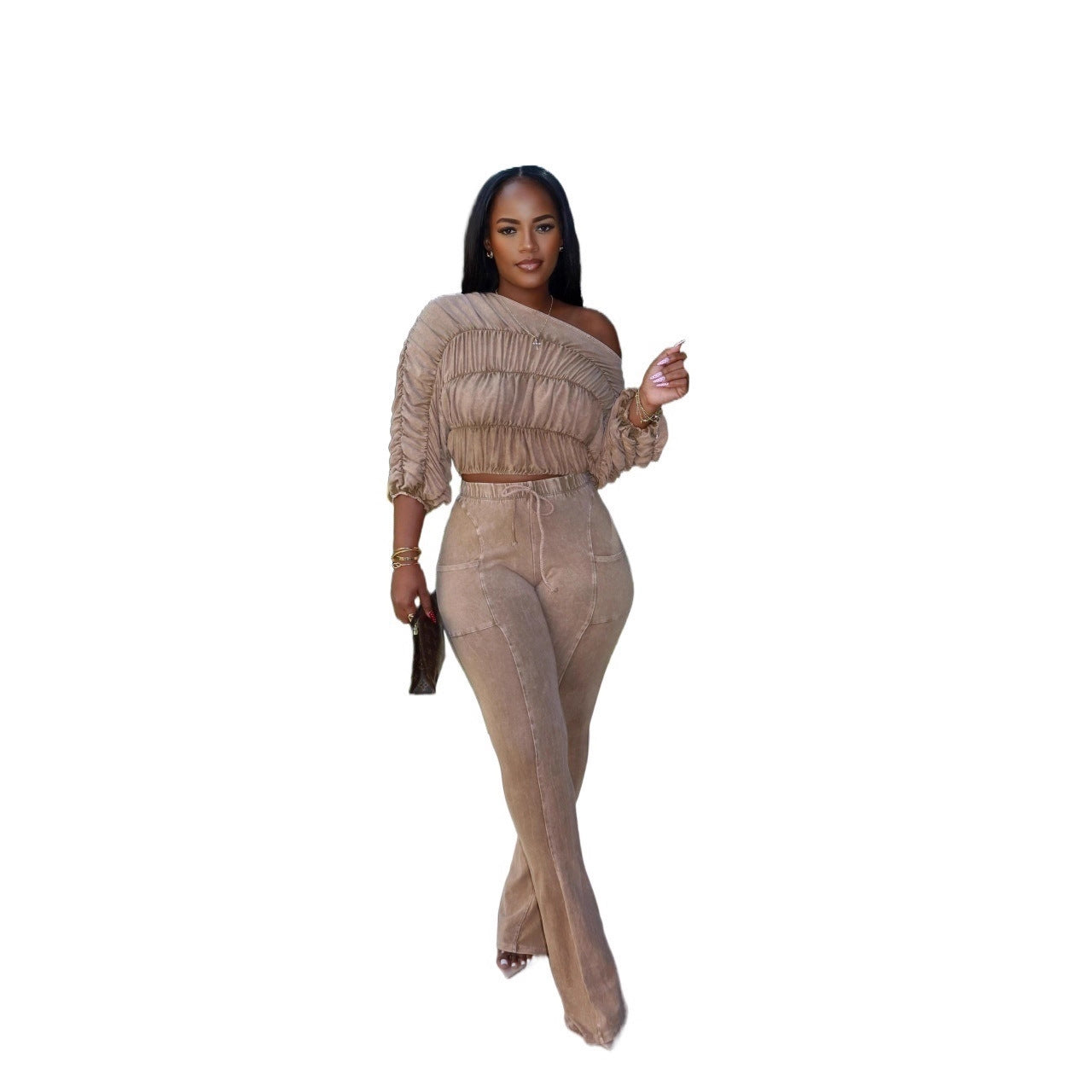 Sexy Two-Piece Set with Crop Top and Slim Fit Flared Long Pants