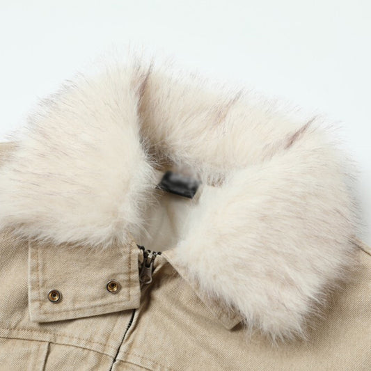 Detachable fur collar denim jacket