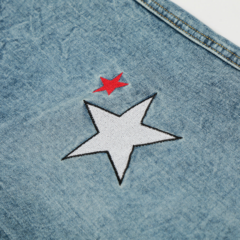 Five pointed star embroidered suspender pants