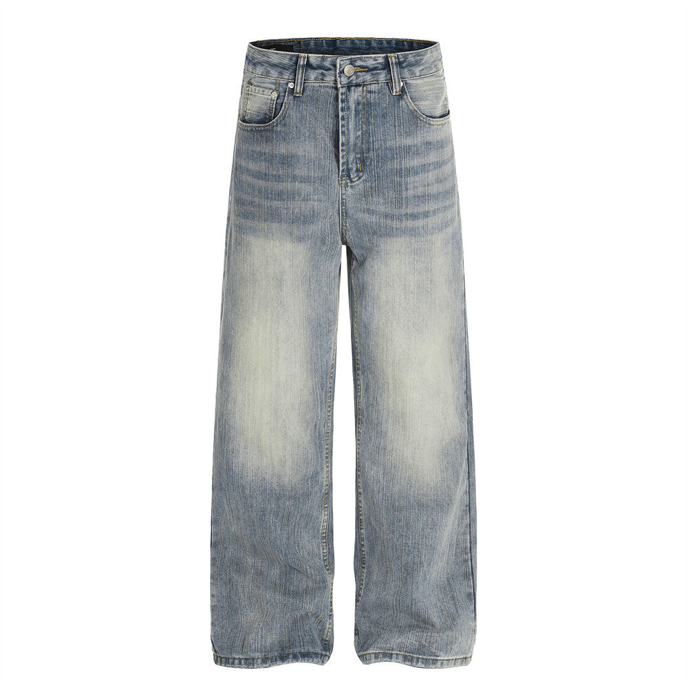 Washed and ground white denim straight leg pants