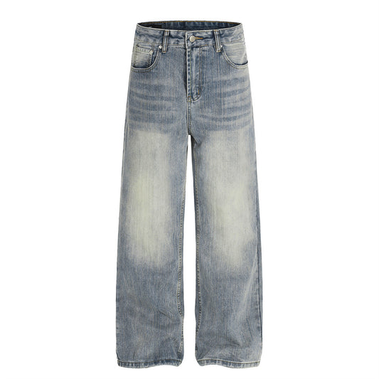 Washed and ground white denim straight leg pants