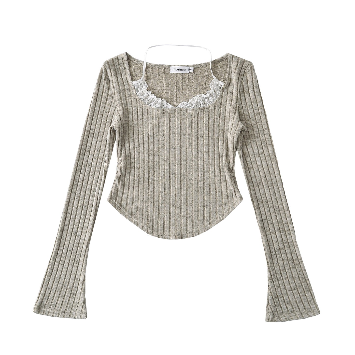 Lace neck hanging curved hem long sleeved top