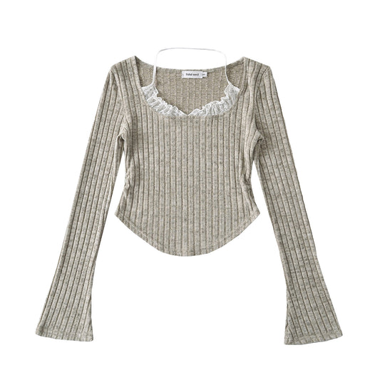Lace neck hanging curved hem long sleeved top
