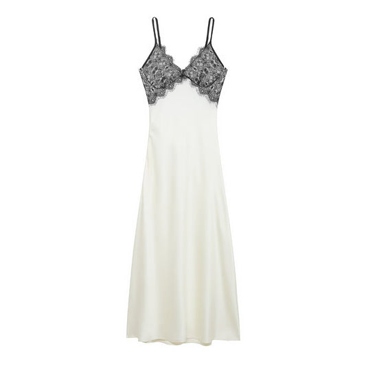 Style Women's Fashionable Classic French V-Neck Lace-Feel Backless Long Dress