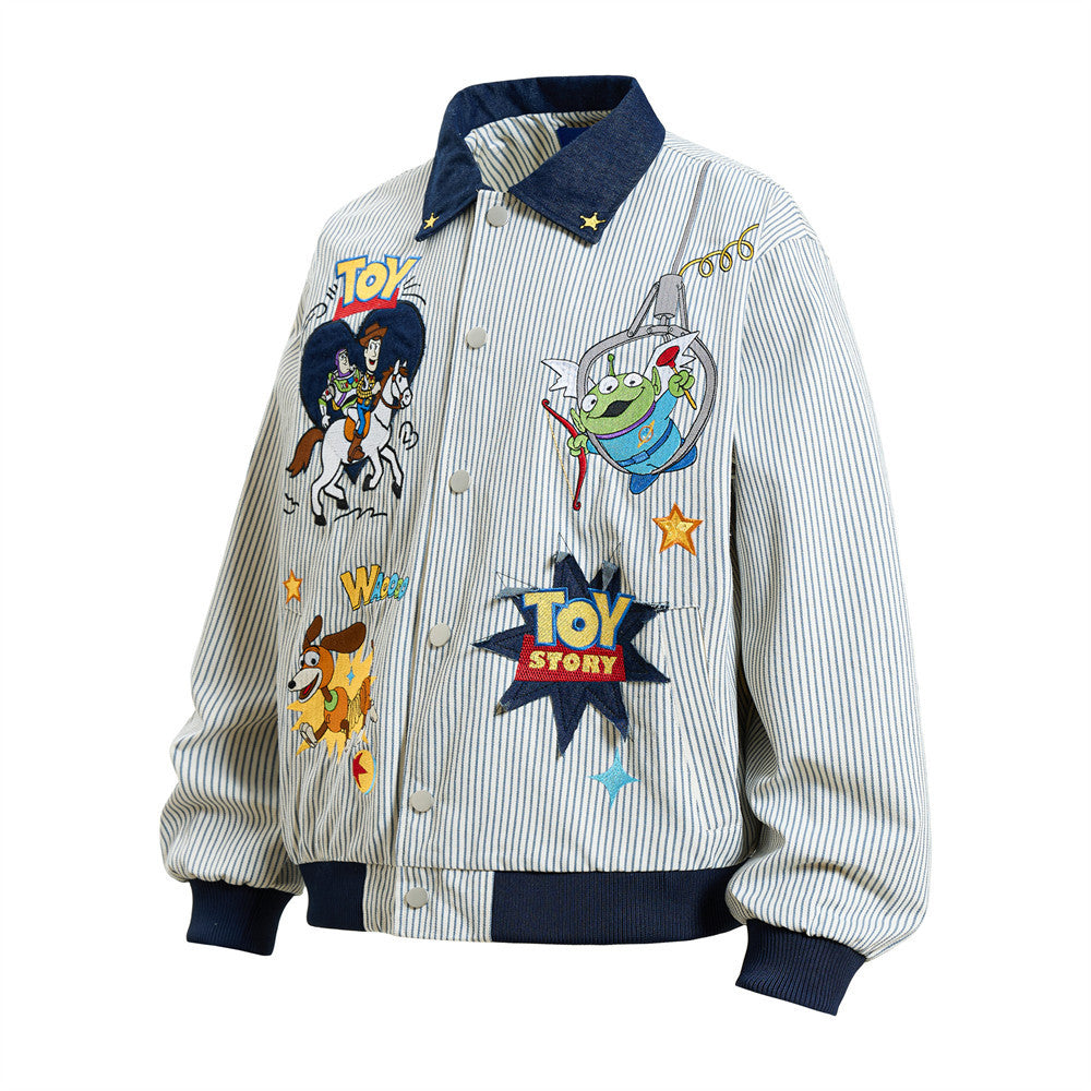 Cartoon embroidery vertical stripe contrasting lapel jacket