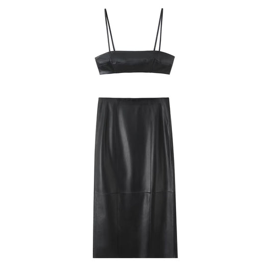 Pure leather strapless+leather skirt for women's wear