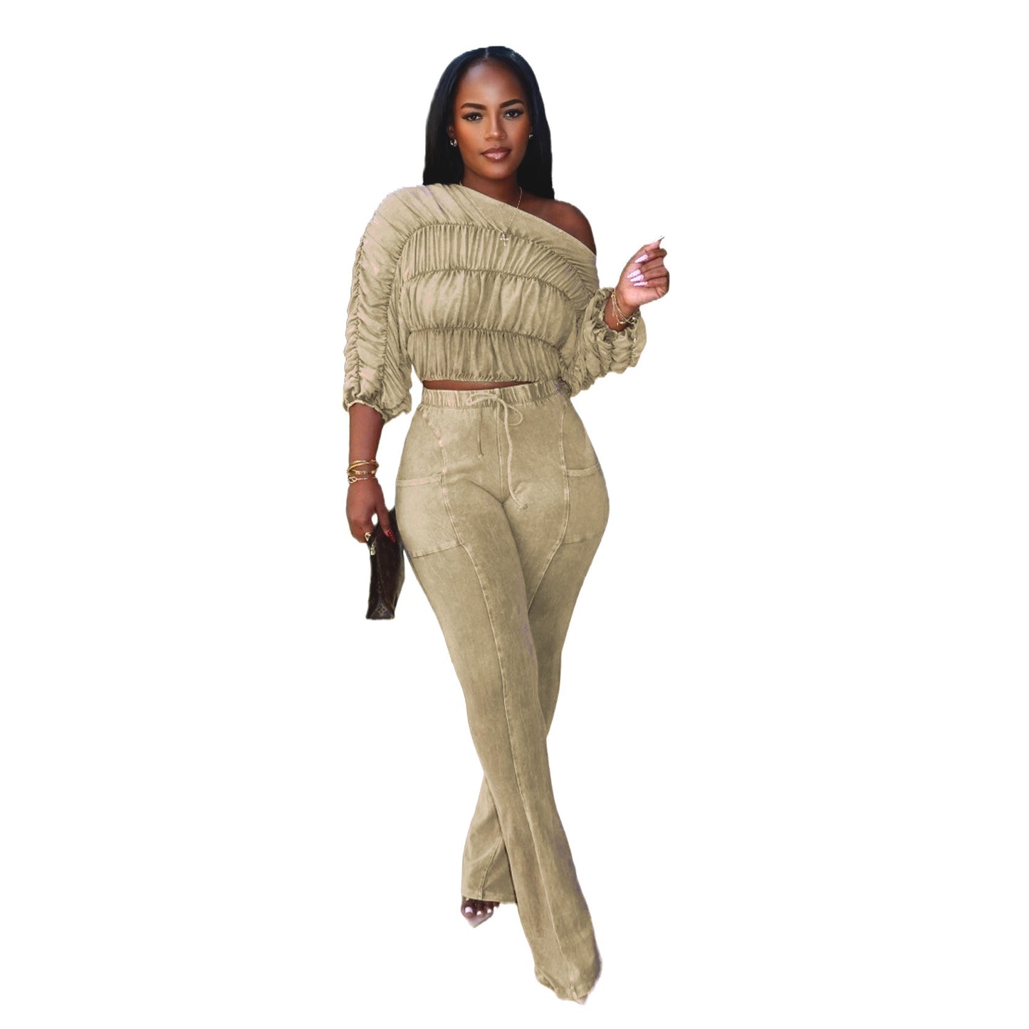 Sexy Two-Piece Set with Crop Top and Slim Fit Flared Long Pants