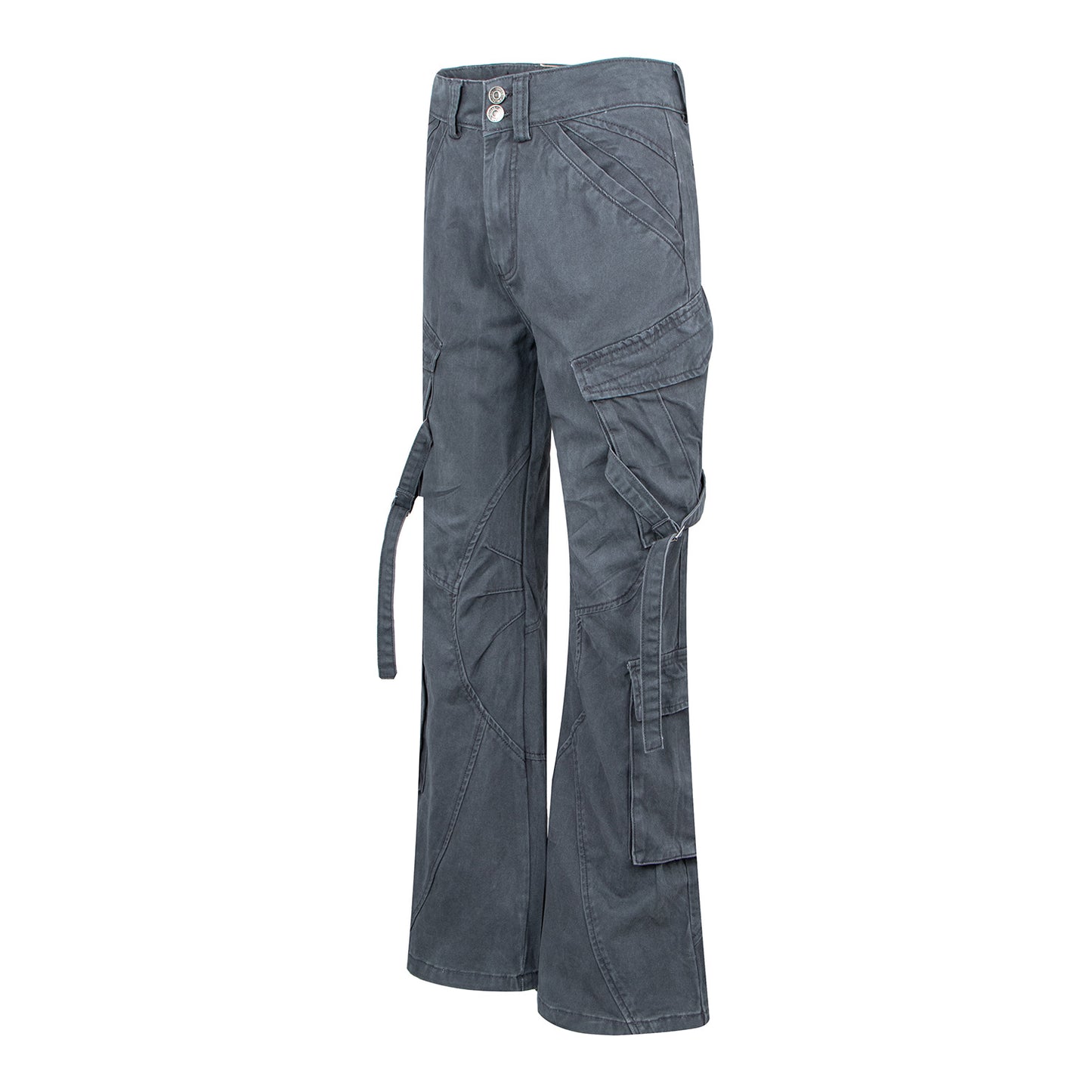 Style High-End Belted Large Pocket Cargo Flared Trousers for Men, Vintage Streetwear Loose Straight Casual Long Pants
