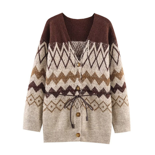 Vintage style V-neck jacquard knit jacket with waistband