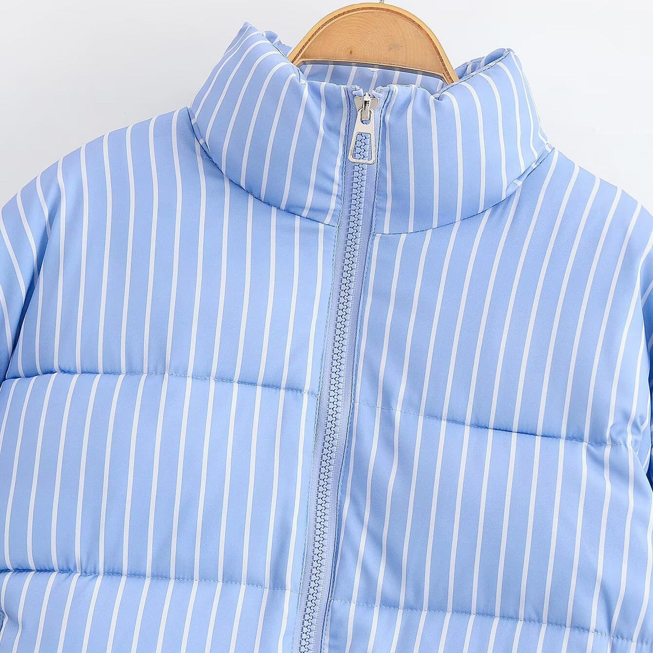 Women's Casual Fashionable Blue and White Stripe Long Sleeve Cotton Coat