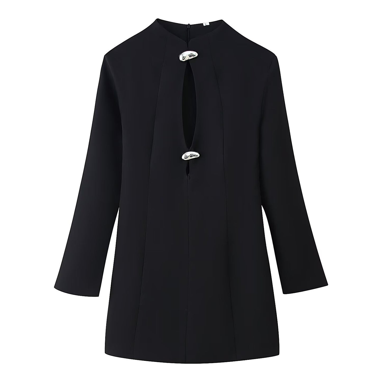 Elegant stand up collar hollowed out long sleeved waist cinching dress