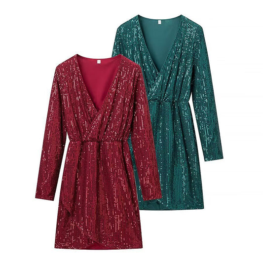 Elegant deep V-neck sequined long sleeved dress