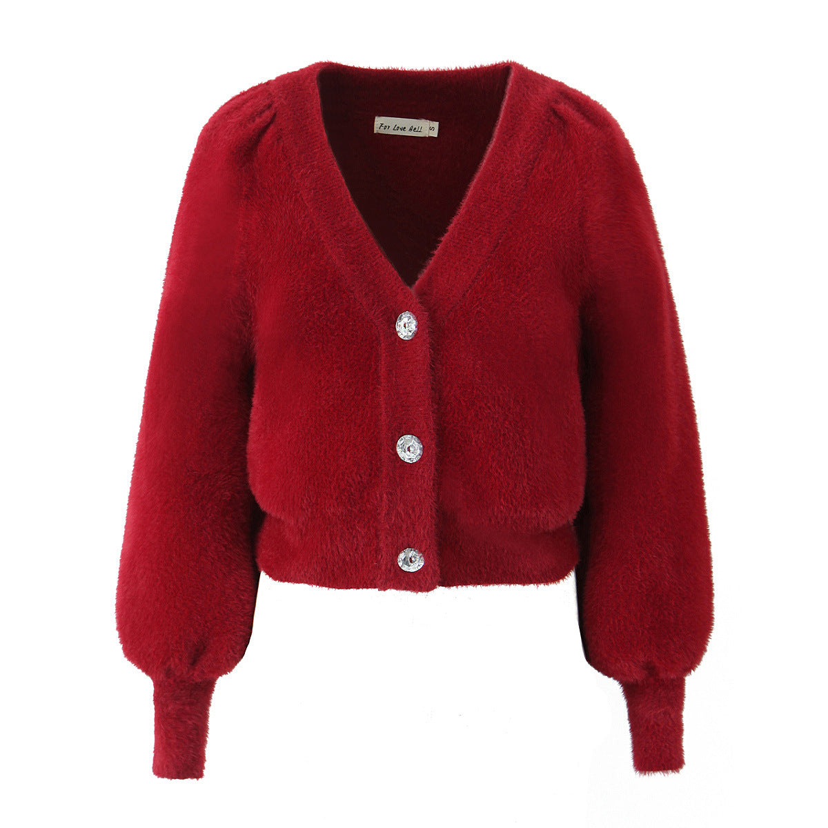 V-neck lantern sleeve cardigan sweater