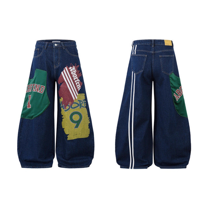 Color-block Printed Flared Jeans Women Loose Casual Wide Leg Pants