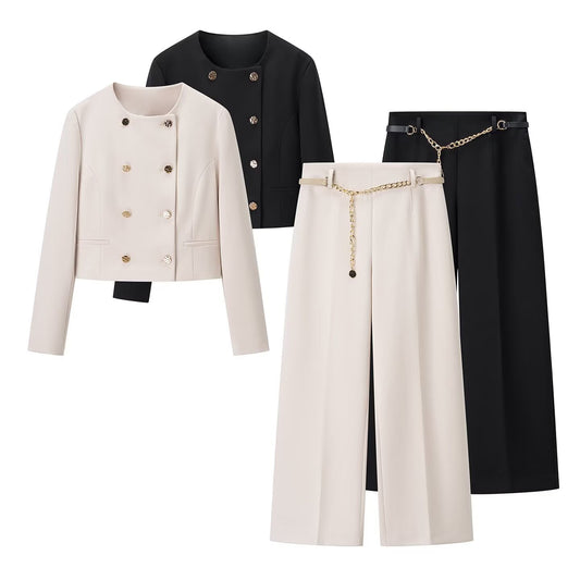 Double-Breasted Long Sleeve Notch Lapel Short Cut Suit Jacket with Chain Belt and Ankle Pants