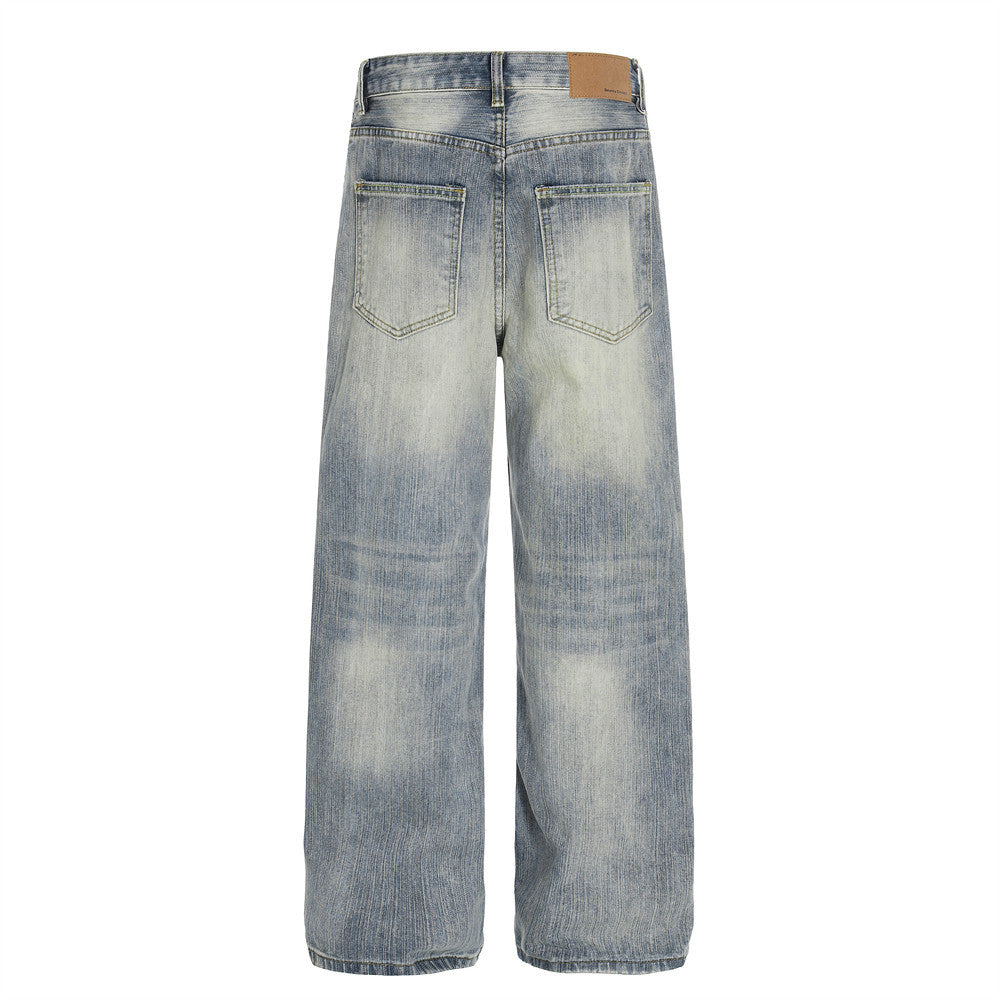 Washed and ground white denim straight leg pants