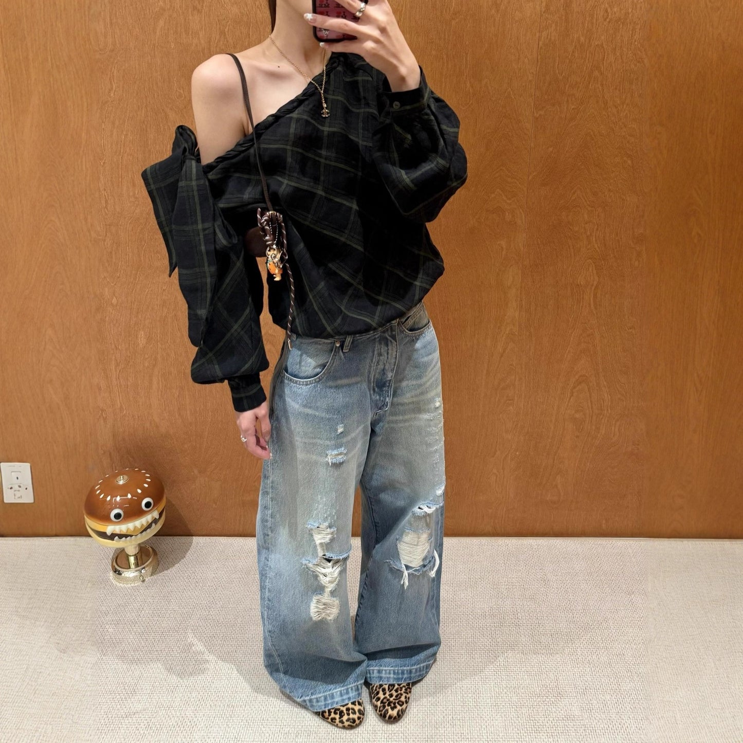 Vintage Plaid Off-Shoulder Long Sleeve Shirt for Women