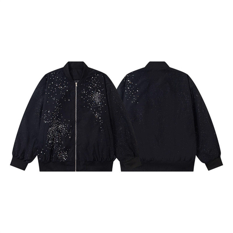 Jacket Streetwear  Pearl Beading  Zipper  Stand-up Collar  Oversized  Baseball Jacket