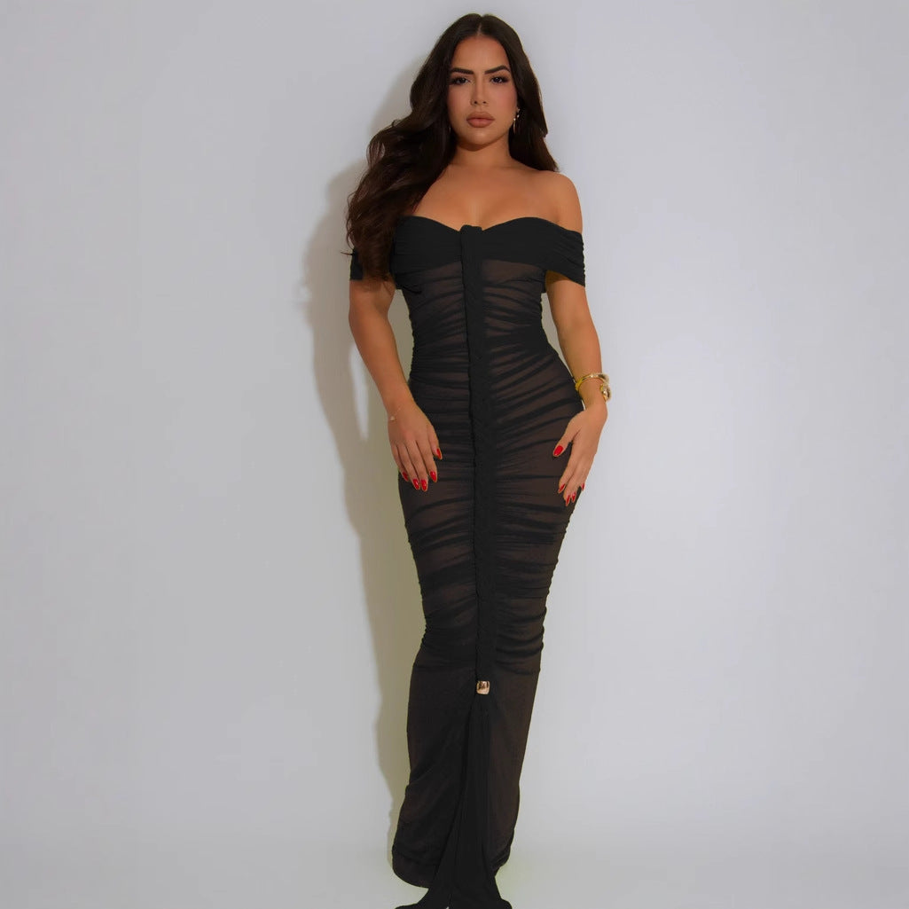 Dress Style Sheer Mesh Sleeveless Ruched Extra Long Dress