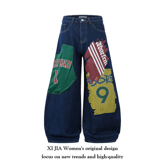 Color-block Printed Flared Jeans Women Loose Casual Wide Leg Pants