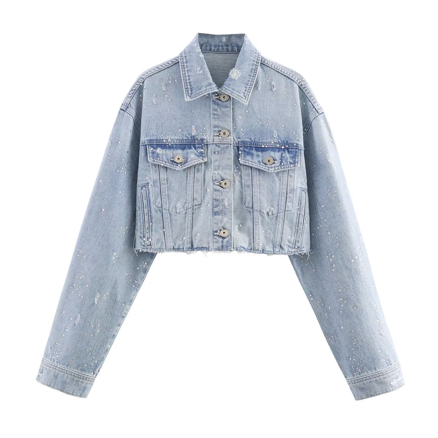 Women’s Cropped Denim jacket Button Notched Collar Cropped Women