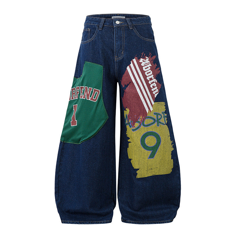 Color-block Printed Flared Jeans Women Loose Casual Wide Leg Pants